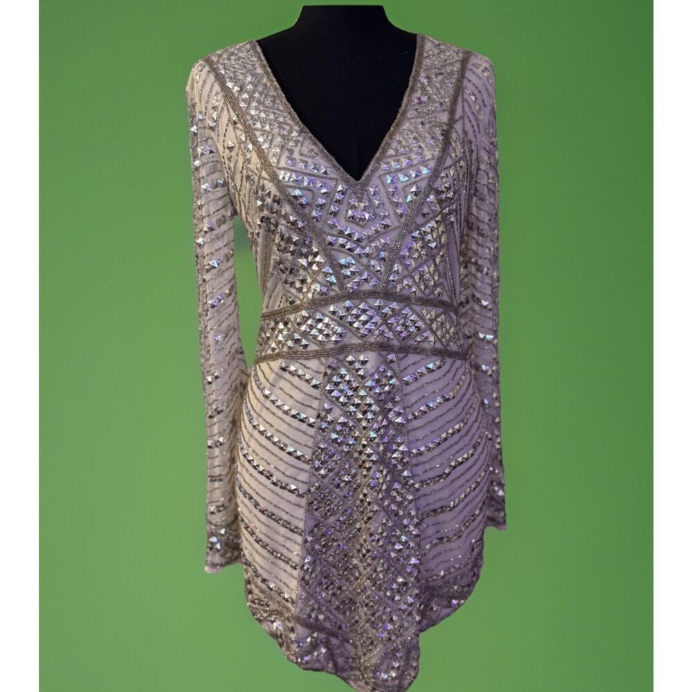 Missguided Peace + Love Embellished Nude/Silver | Back Illusion Prom Glam Dress